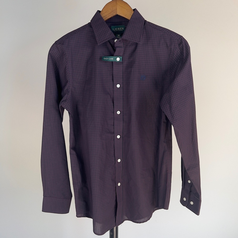 NWT Lauren Ralph Lauren Boys 18R Plum Gingham Long Sleeve Easy Care Button Down